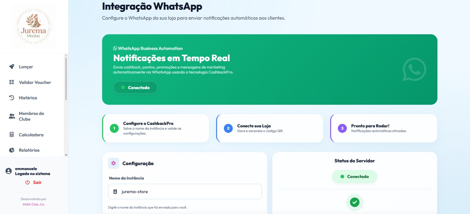 Tela de integração e disparos no WhatsApp